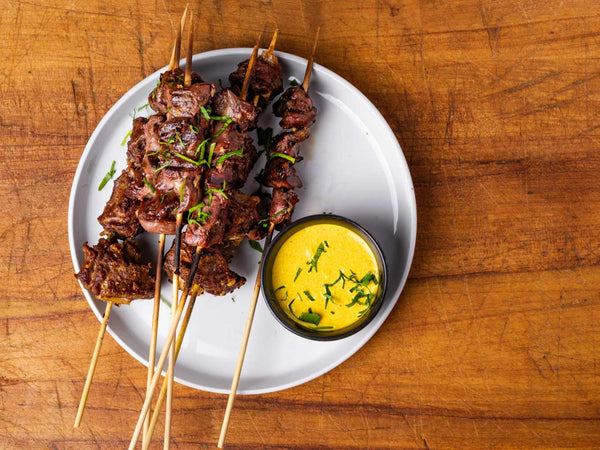 Grilled Turkey Giblet Anticuchos with Aji Pepper Sauce