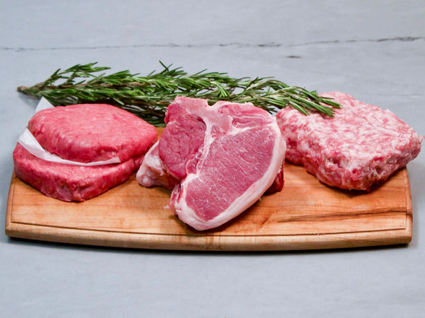 Porterhouse Pork Chops, Ground Pork, and Wagyu Burger Patties