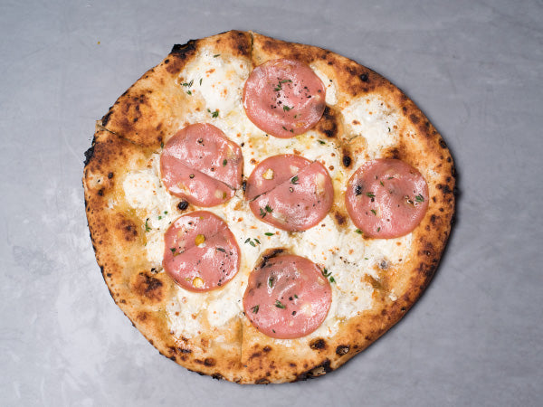 Heritage mortadella on pizza