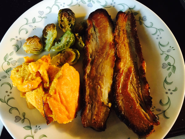 Heritage Pork Belly, Sweet Potato Soufflé and Roasted Brussels Sprouts