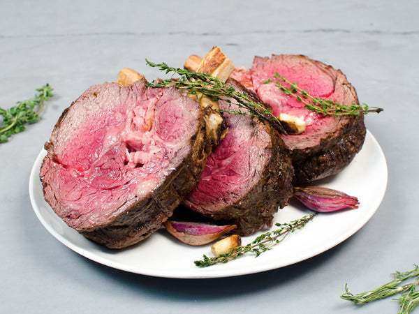 Wagyu Standing Rib “Cowboy” Roast, Studded with Bacon