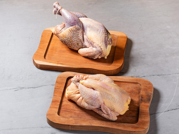 Whole heritage chicken and guinea fowl